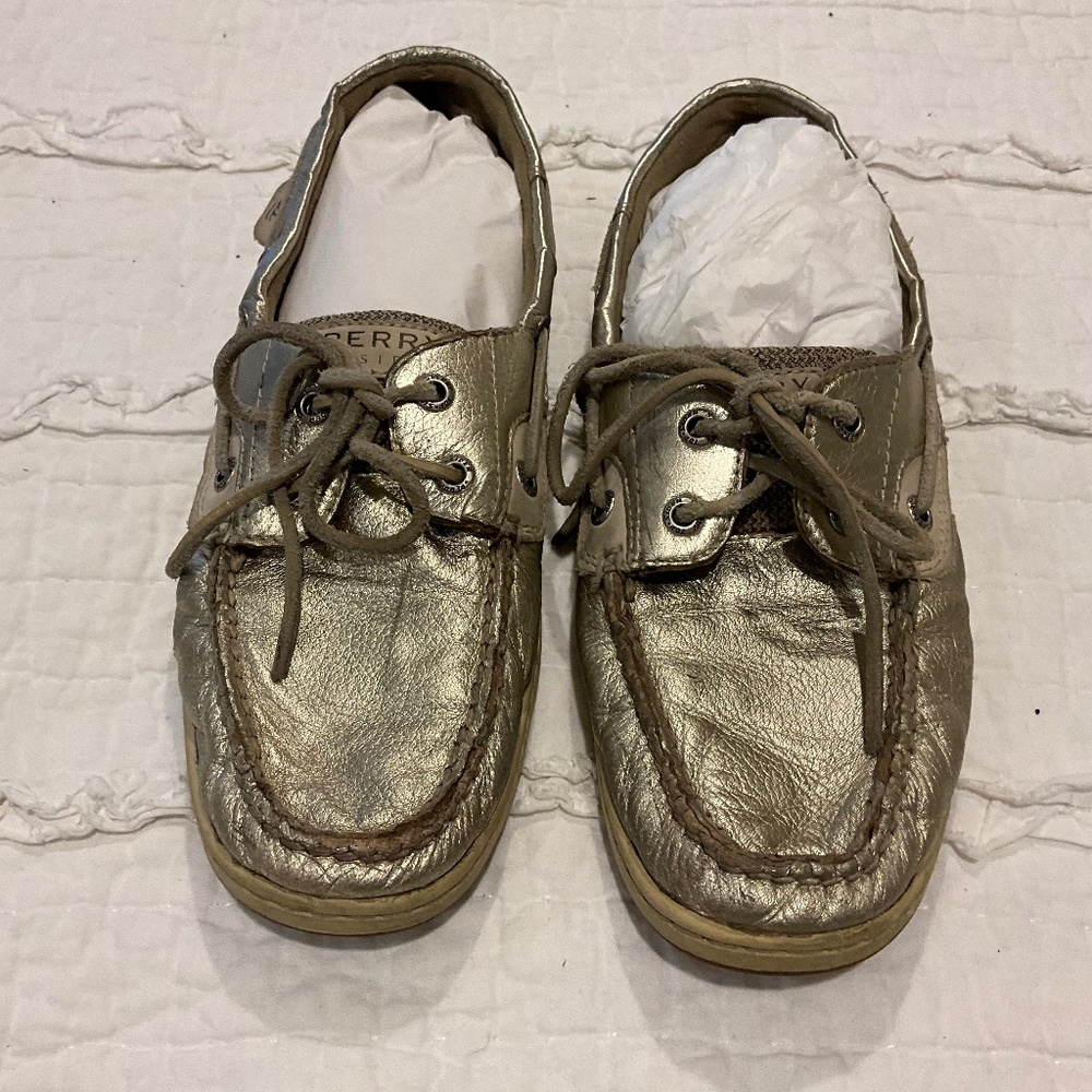 SPERRY Top-Sider Boat Shoes Gold Metallic Leather Tweed Size 9